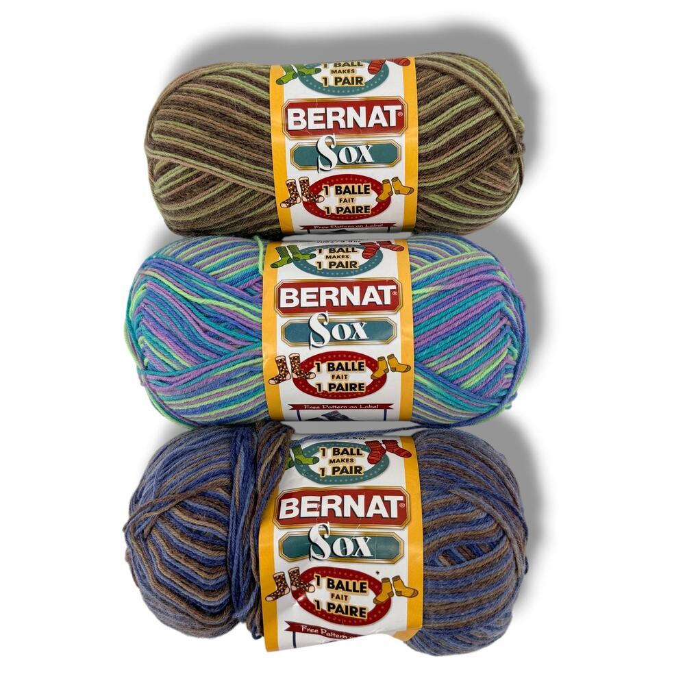 Bernat Sox Yarn Lot Of 3 Skeins Super Fine 1 Acrylic Nylon Multicolor Sock Yarn
